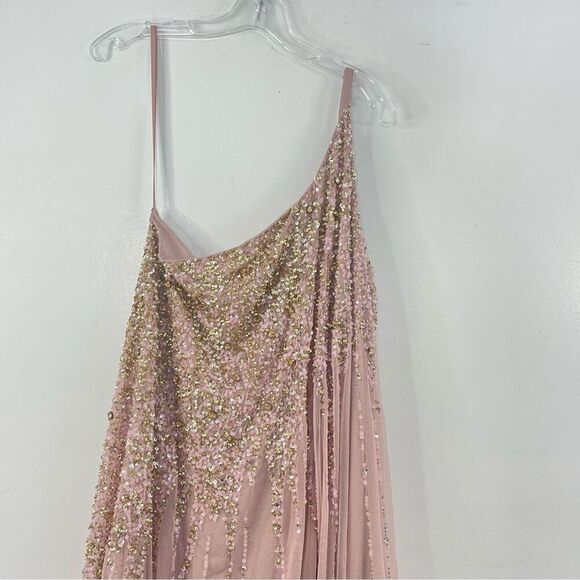 Mac Duggal 9224 Size 14 One Shoulder Embellished Trapeze A-Line Gown, Tan/Blush - Picture 8 of 10